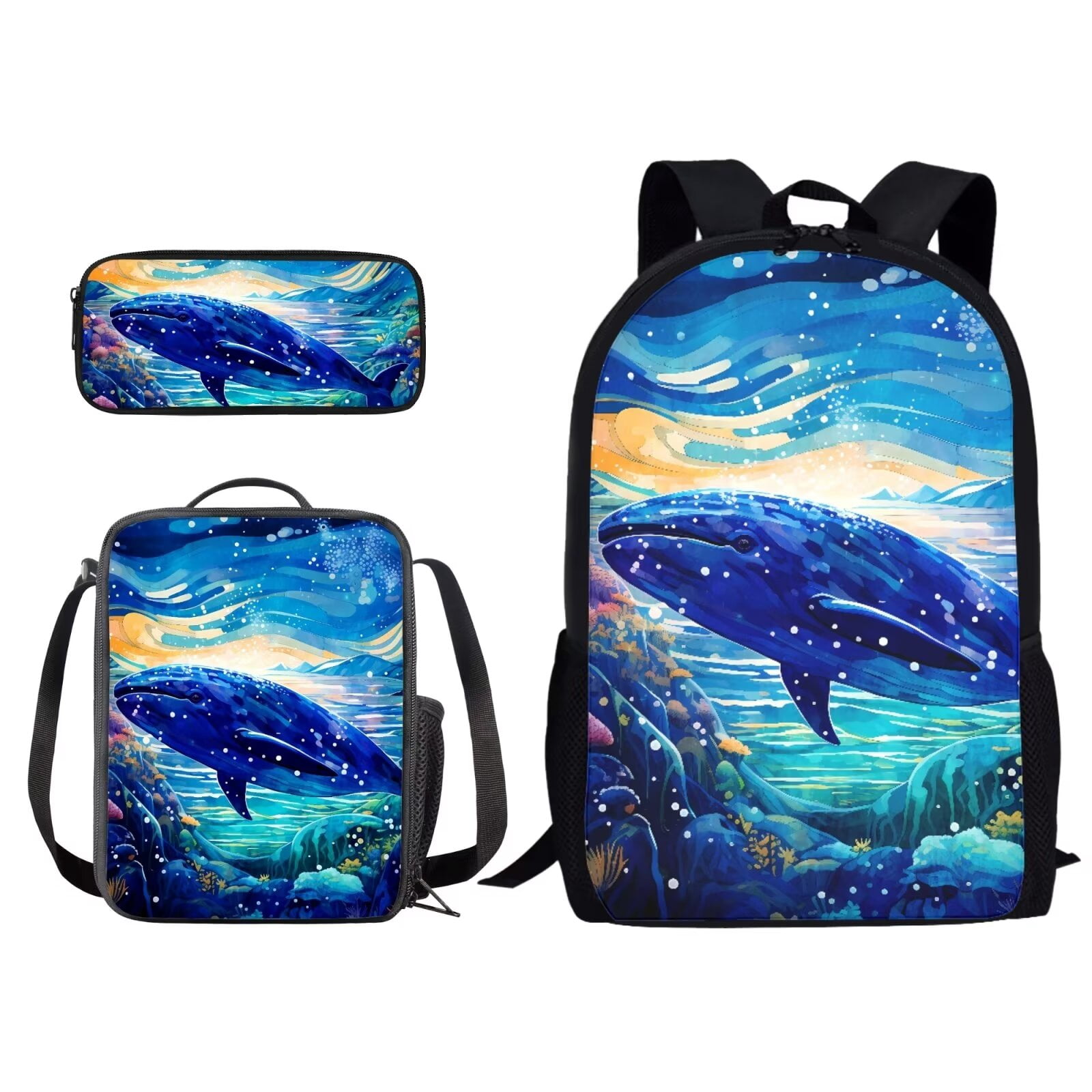 XYZCANDO Backpack Set for Student Water Color Sea Dolphin Print 17 Inch Travel Laptop Bag with Lunch Bag and Pencil Case for Outdoor Rucksack with Ergonomic Straps Daypack