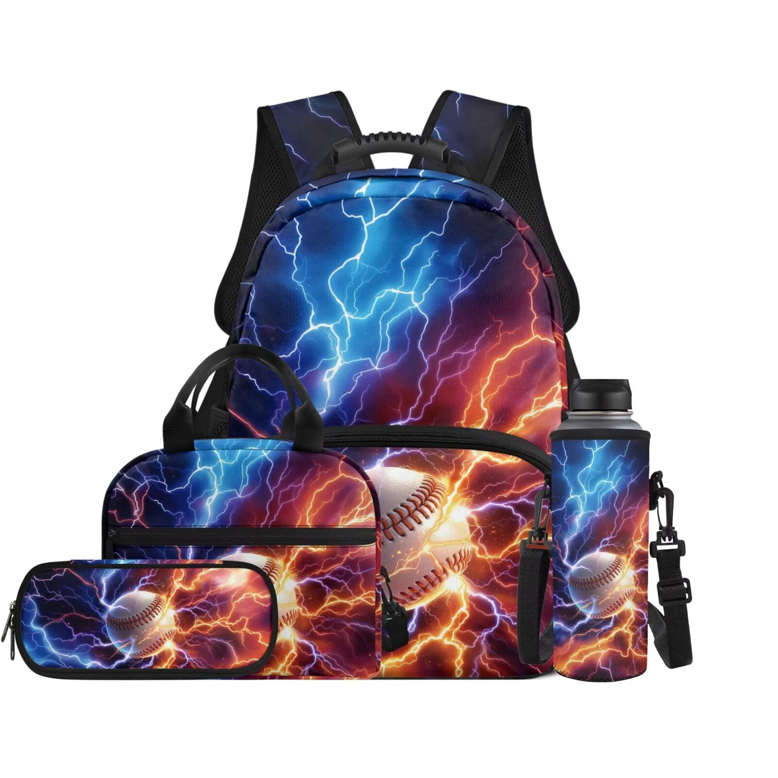 XYZCANDO Baseball 4Pcs Boys Backpack Set with Portable Lunch Bag Multifunctional Pencil Case Water Bottle Bag Lightweight Ice and Fire Bookbag for Travel Sports