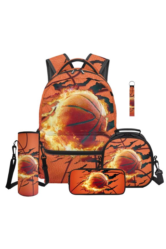 Basketball 5 Piece School Backpack Set with Lunch Box Pencil Case Water Bottle Bag Lanyard Keychain Cool Backpack for Elementary Middle School