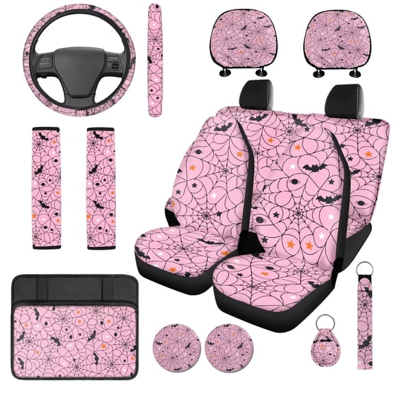 XYZCANDO Bat Spider Web 14 Pieces Car Seat Covers Full Set Steering Wheel Cover Center Console Pad Seat Belt Pads Headrest Covers Cup Coasters for Most Cars SUVs Sedans