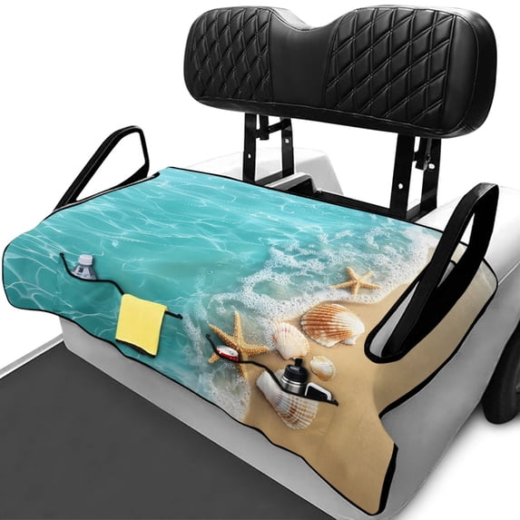 XYZCANDO Beach Seashell Print Golf Cart Seat Cover with 4 Front Pockets - Universal Washable Non-Slip Protector for 2-Seat Golf Carts