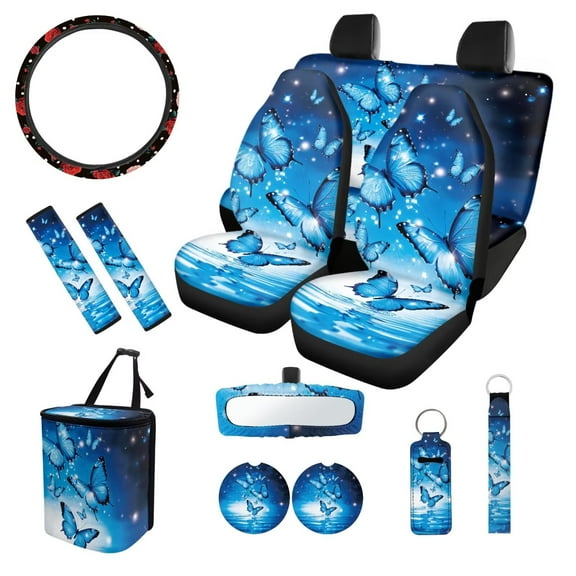 XYZCANDO Beautiful Butterfly Seat Belt Cover Steering Wheel Cover Center Mirror Cover Coasters Car Seat Cover Keychain Lipstick Cover Car Trash Can Easy Installation Fashion Suitable for Cars