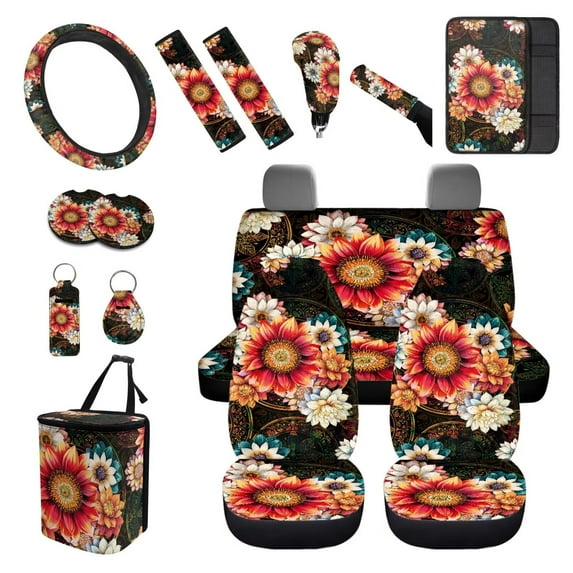 XYZCANDO Beautiful Flowers Trash Can Car Coasters Handbrake Cover Lipstick Cover Keychain Fender Cover Seat Belt Cover Armrest Cover Steering Wheel Cover Car Cushion Cover Colorful