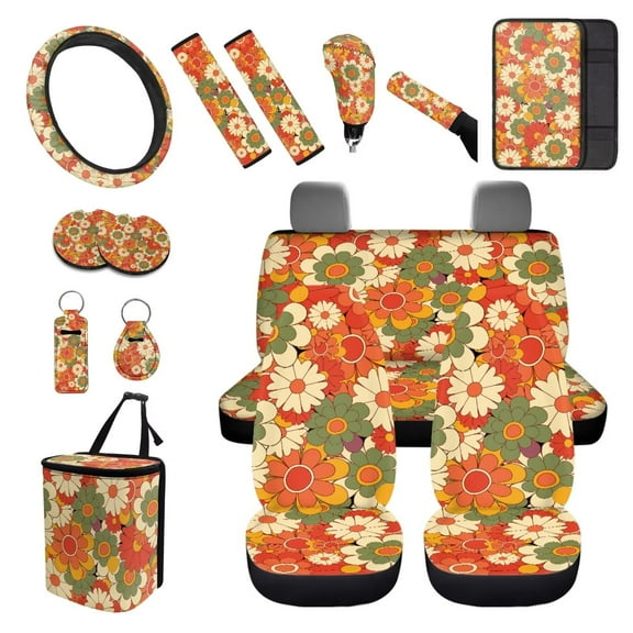 XYZCANDO Beautiful Hippie Flower Car Cushion Cover Steering Wheel Cover Armrest Cover Seat Belt Cover Keychain Fender Cover Handbrake Cover Lipstick Cover Car Coasters Trash Can Interior Decor