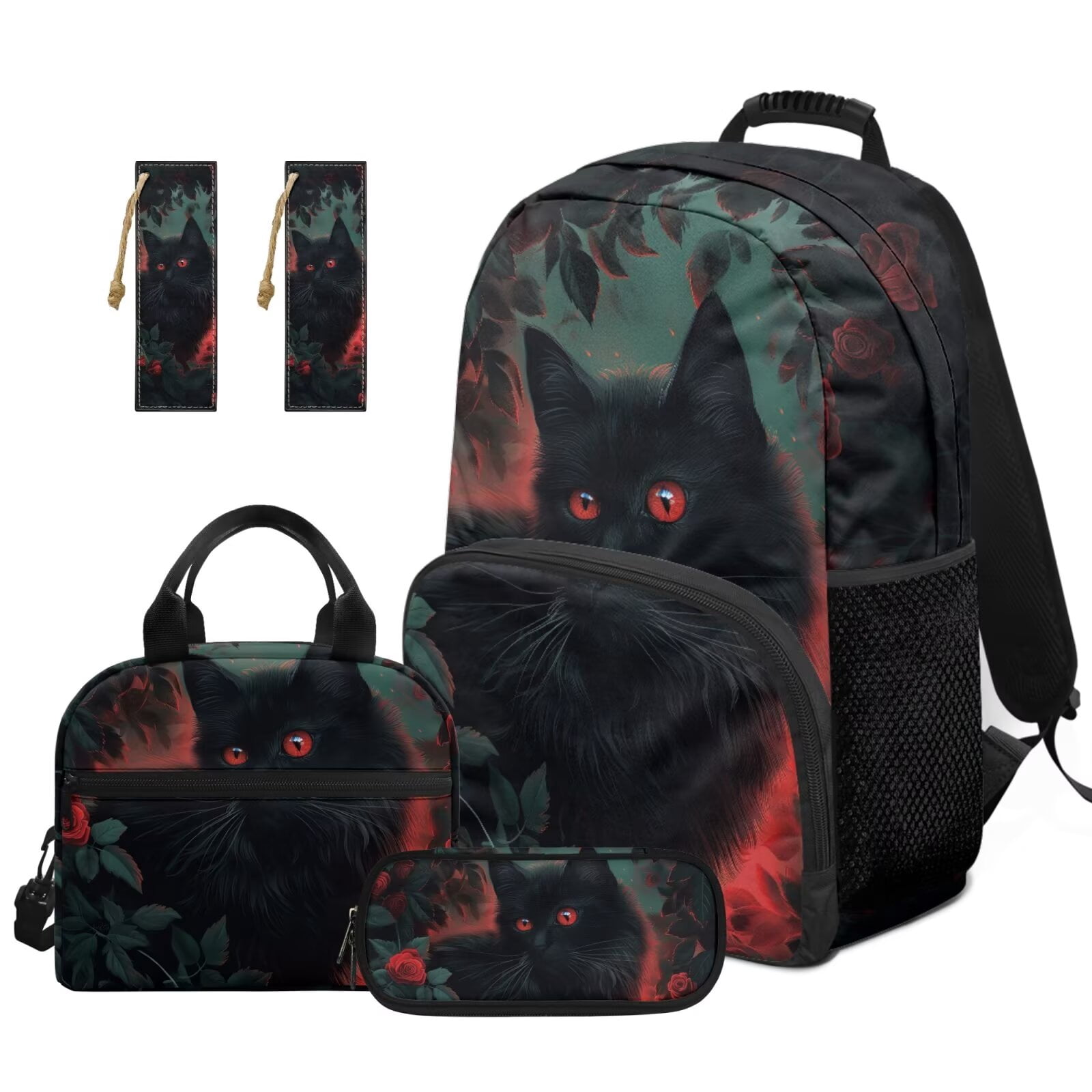 XYZCANDO Black Cat 5Pcs Boys Backpack Set with Lunch Box Pen Bag 2 Piece Bookmark Cool Style Bookbag with Compartments for High School Teens