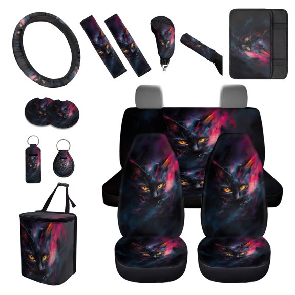 XYZCANDO Black Cat Print Keychain Fender Cover Handbrake Cover Lipstick Cover Trash Can Car Coasters Car Cushion Cover Steering Wheel Cover Armrest Cover Seat Belt Cover Fashion