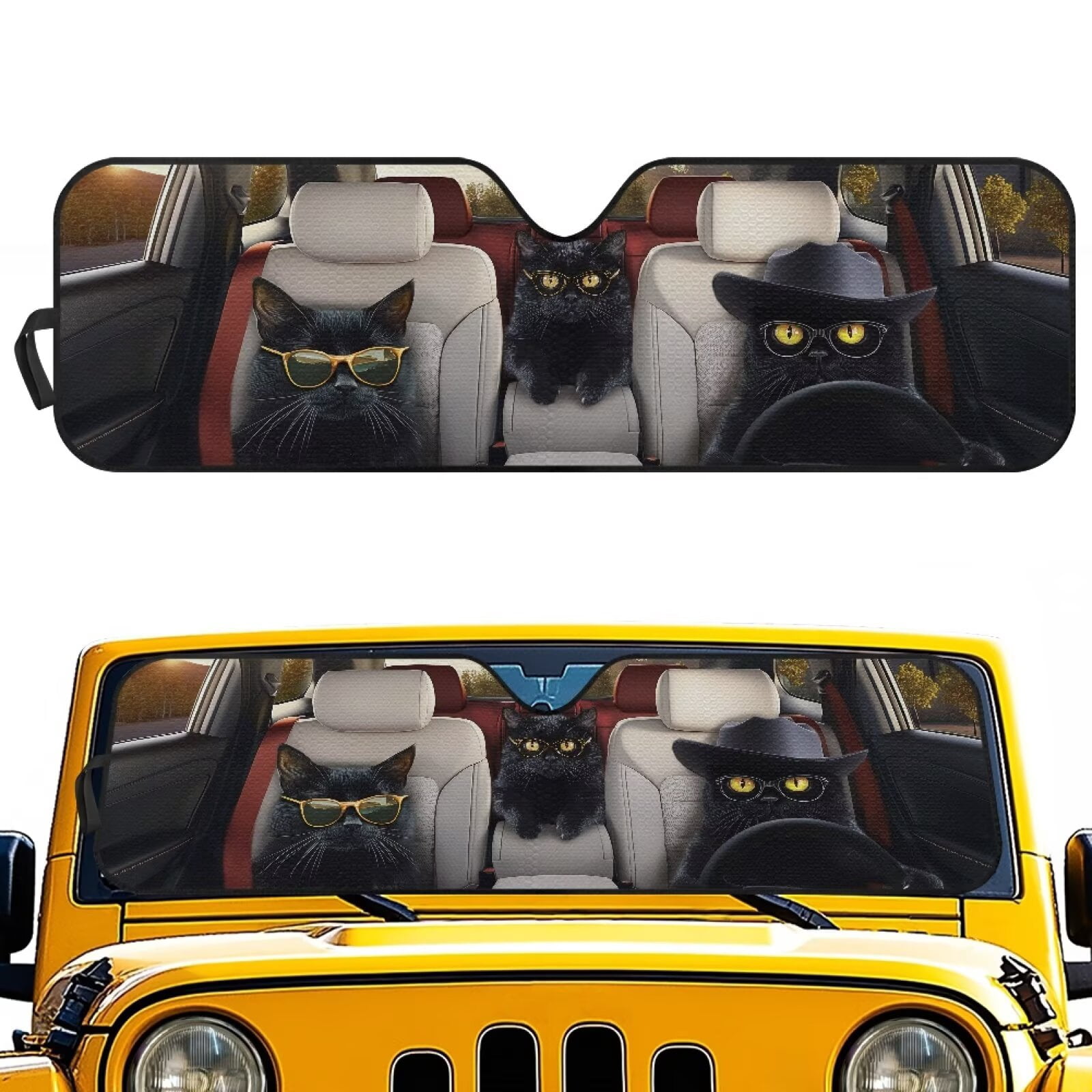 XYZCANDO Black Cat Windshield Sun Shade for 1997-2017 Jeep Wrangler Rubicon Sahara TJ JK JKU 2/4 Doors Foldable Windshield Sun Visor Blocks UV Rays Keep Your Vehicle Cool