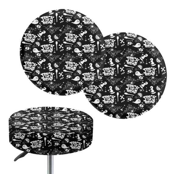 XYZCANDO Black White Halloween Print 2 Pack Stretch Round Bar Stool Seat Covers, Washable Dustproof Chair Cushion Slipcovers for Home Kitchen Bar Counter Holiday Decor