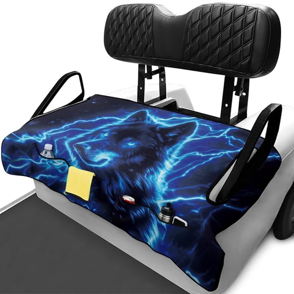 XYZCANDO Blue Lightning Wolf Golf Cart Seat Cover - 4 Storage Pockets Non-Slip Washable Universal Accessory for Golf Lovers
