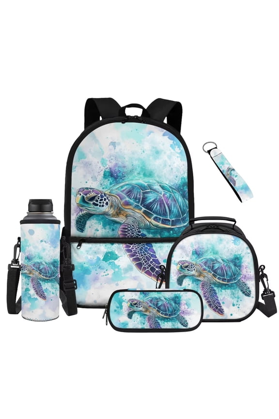 Blue Sea Turtle 5Pcs School Backpack Set with Portable Lunch Bag Multifunctional Pencil Case Water Bottle Bag Carrier Lanyard Keychain for Elementary Middle School