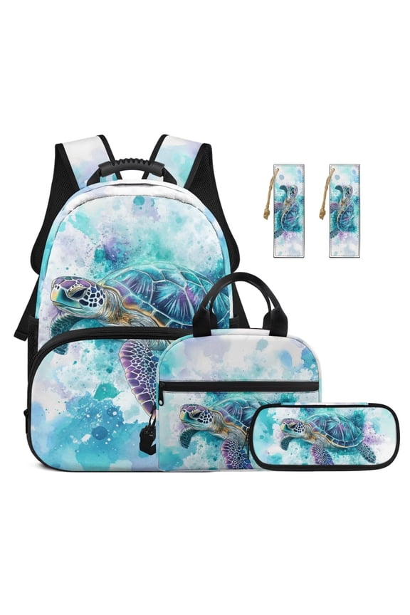 Blue Sea Turtle Kids Backpack Set of 5 with Lunch Bag Multifunctional Pencil Case 2 Piece Bookmark Lightweight School Bag for Elementary Middle High School