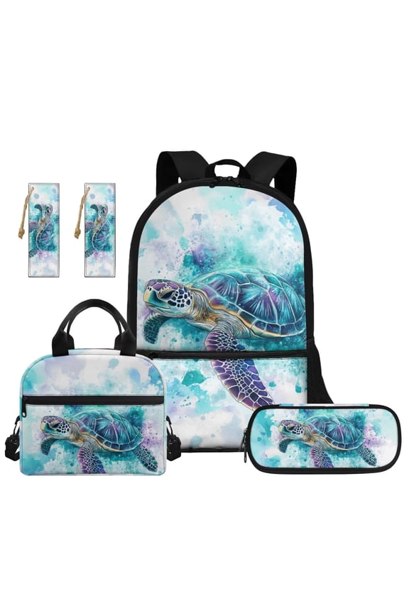 Blue Sea Turtle School Backpack Set 5Pcs with Portable Lunch Box Multifunctional Pencil Case 2 Piece Bookmark for Kids Teens Elementary Middle School