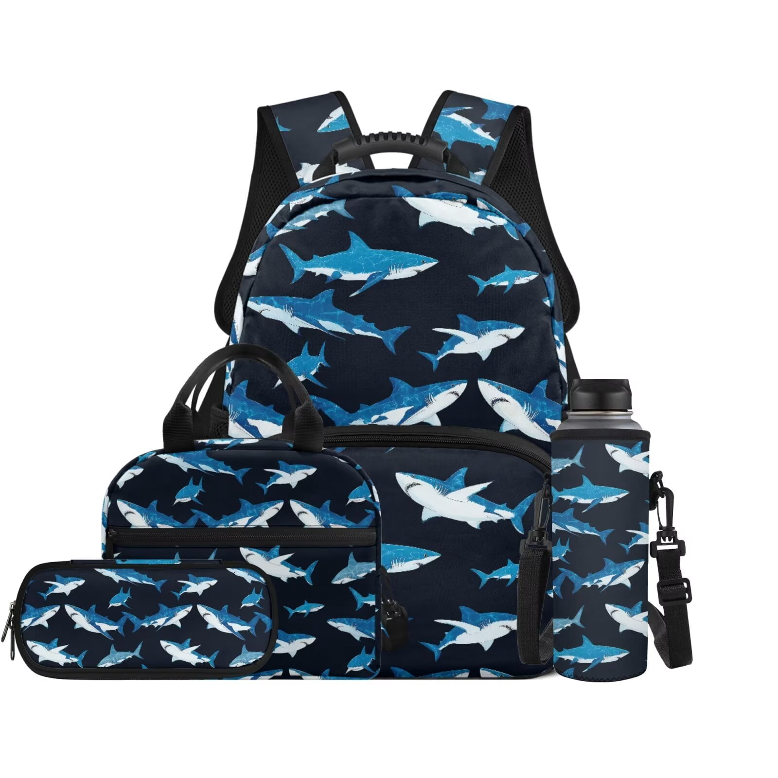XYZCANDO Blue Shark 4 Piece School Backpack Set with Lunch Bag Pen Bag Water Bottle Bag Carrier Large Capacity for Boys & Girls Elementary Middle School