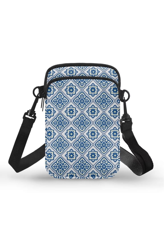 Blue White Pattern Phone Cross Body Bags for Women Portable Cell Phone Purse Shoulder Handbag Small Sling Bag Single Shoulder Wallet Lightweight Crossbody Case for Shop Running Moon