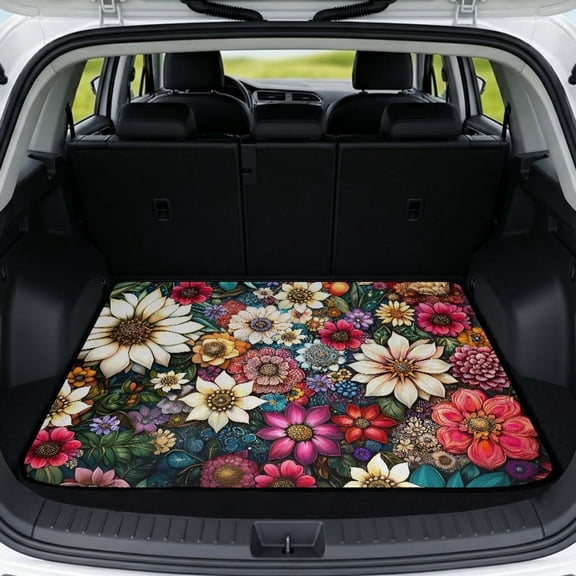 XYZCANDO Bohemian Floral Car Cargo Mat 29" x 39", Washable All-Weather Trunk Protector with Non-Slip Backing, Easy-Clean Stitched Edge Liner for SUVs, Sedans and Trucks