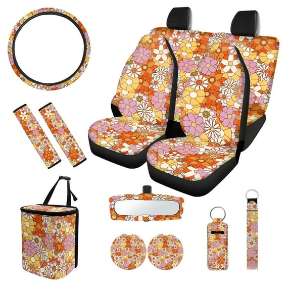 XYZCANDO Bohemian Flowers Steering Wheel Cover Center Mirror Cover Coasters Car Seat Cover Seat Belt Cover Keychain Lipstick Cover Car Trash Can Fashion Universal Car Accessories Decoration