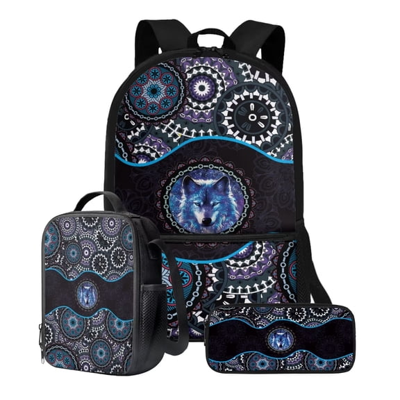 XYZCANDO Bohemian Wolf Print Backpack Set Lightweight Schoolbag 17 Inch Backpack Lunch Box Pencil Case Travel Laptop Backpacks Rucksack Daypack with Side Pockets Ergonomic Straps