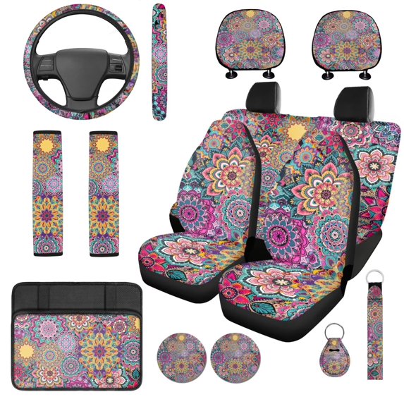 XYZCANDO Boho Florals 14 Pack Car Seat Covers Full Set Steering Wheel Cover Auto Center Console Pad Seat Belt Pads Headrest Covers Cup Coasters for Most Cars SUVs Sedans