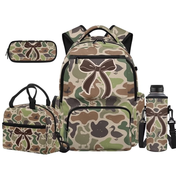 XYZCANDO Bow Duck Camo 4Pcs School Backpack Set with Portable Lunch Bag Multifunctional Pencil Case Water Bottle Bag Carrier for Elementary Middle School Boys