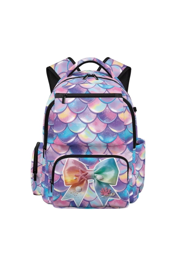 Bow Mermaid Scale 17 Inch Kids Backpack for Girls 8-14 Lightweight Cool School Backpack with Adjustable Strap for Kids Teens Elementary Middle School