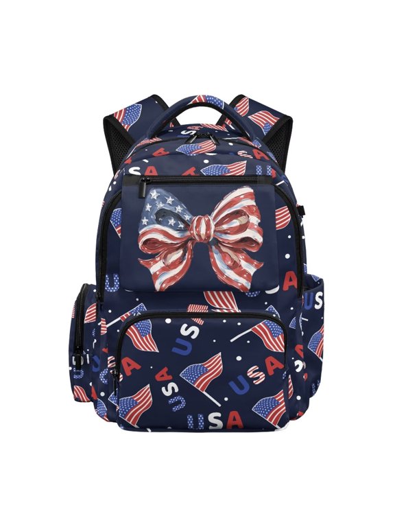 Bow USA Flag 17 Inch School Backpack, Lightweight Toddler Bookbag with Adjustable Straps Casual Daypack Suitable for Elementary School Travel