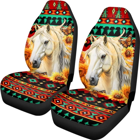 XYZCANDO Breathable Front Car Seat Covers featuring Horse Sunflower Design - Durable Non-Slip Protection For All Seasons