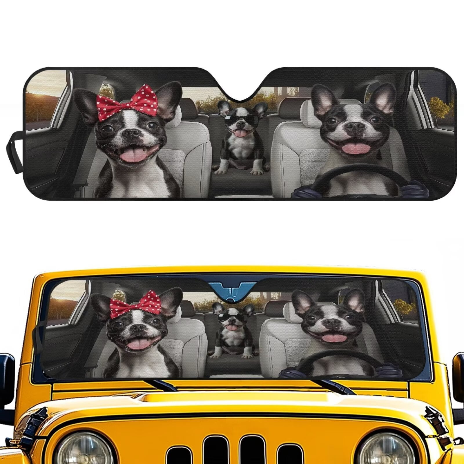 XYZCANDO Bulldog Windshield Sun Shade Compatible with Jeep Wrangler TJ JK JL & Gladiator JT Foldable Windshield Sunshade Sun Visor Blocks UV Rays Keep Your Vehicle Cool