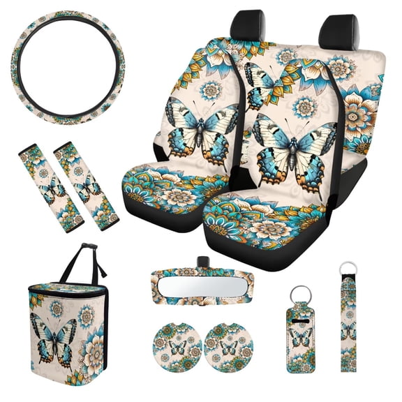XYZCANDO Butterfly Flower Seat Belt Cover Steering Wheel Cover Center Mirror Cover Coasters Car Seat Cover Keychain Lipstick Cover Car Trash Can Easy Installation Soft Universal for Cars