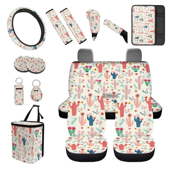 XYZCANDO Cactus Print Car Coasters Trash Can Lipstick Cover Handbrake Cover Fender Cover Keychain Seat Belt Cover Armrest Cover Steering Wheel Cover Car Cushion Cover Fashion