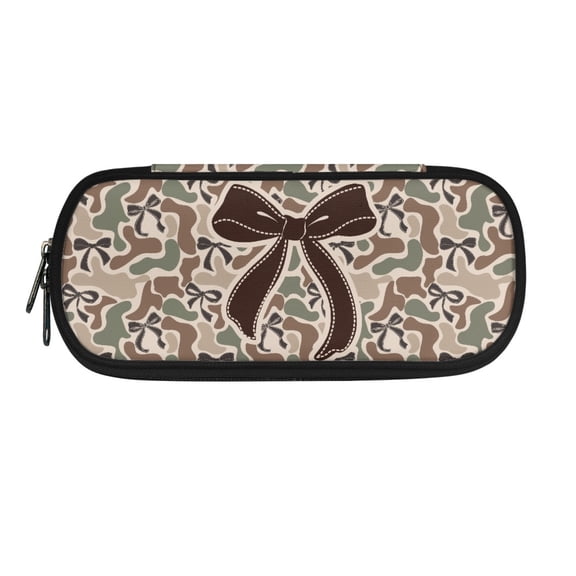 XYZCANDO Camo Bow Design Polyester Pen Case for Boys Girls, Zipper Large Capacity Pencil Case for Classroom Office