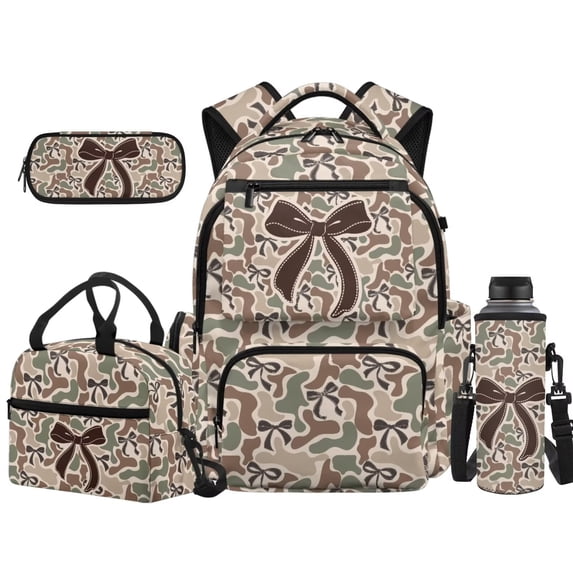 XYZCANDO Camo Bow Print 4Pcs Kids Backpack Set with Portable Lunch Bag Multifunctional Pencil Case Water Bottle Carrier with Compartments for Middle School Boys