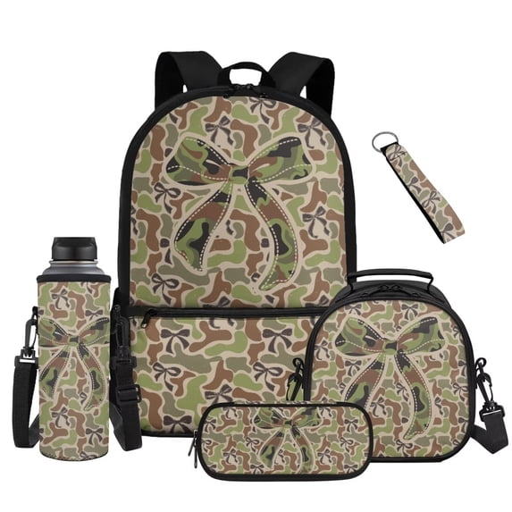 XYZCANDO Camo Bow Print 5Pcs Kids Backpack Set with Lunch Box Multifunctional Pencil Case Water Bottle Bag Holder Wristlet Keychain for Elementary Middle High School