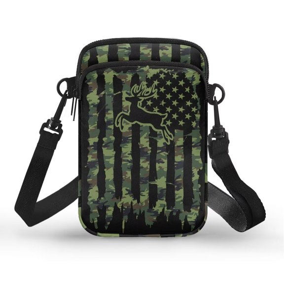 XYZCANDO Camo Flag Deer Mini Crossbody Messenger Bag July Fourth for Mens Single Shoulder Case Lightweight Cross Body Handbag Casual Cellphone Purse with Zipper Small Money Case for Running Work