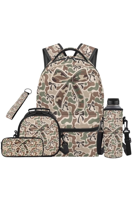 Camouflage Bow 5Pcs Boys Girls Backpack Set with Lunch Box Pencil Case Water Bottle Bag Carrier Lanyard Keychain Fashion Lightweight School Bag
