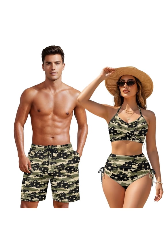 Camouflage Couple Matching Beach Set Men Board Shorts Women Drawstrings Bikini High Waisted Bathing Suit Matching Swimwear Hawaiian Style Vacation Outfit for Beach