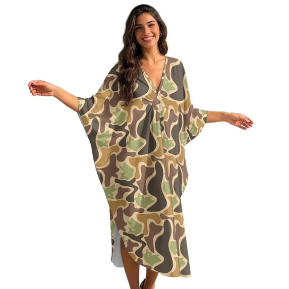 XYZCANDO Camouflage Kaftan Dresses for Women Plus Size Batwing Sleeve Caftans Long Bathing Suit Cover Up Maxi Beach Dress Plus Size Swimsuit Coverup Loungewear Resort Wear