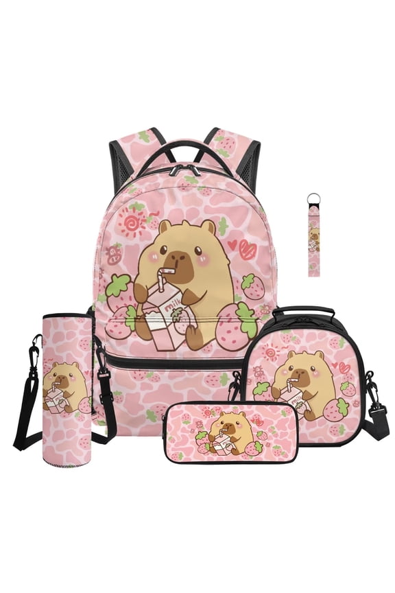 Capybara 5Pcs Girls Backpack for School with Strawberry Lunch Bag Multifunctional Pencil Case Water Bottle Bag Lanyard Keychain Lightweight for Middle High School