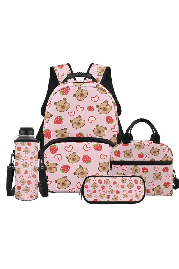 Capybara School Backpack Set of 4 with Portable Lunch Bag Pencil Case Water Bottle Carrier Cute Strawberry Bookbag for Girls Backpacks Ages 8-14