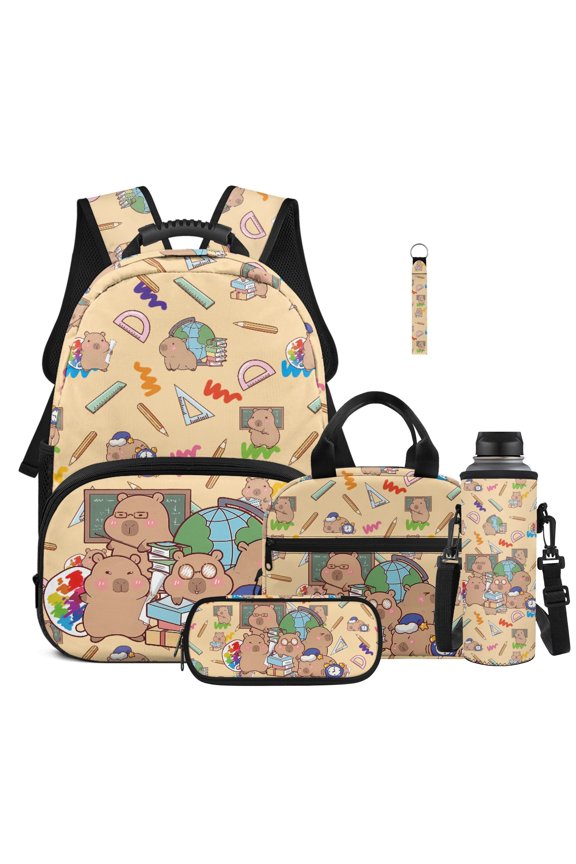 Capybara School Pattern 5 Pcs Kids Backpack Set with Key Lanyard Strap Lunch Bag Pencil Case Cup Sleeve with Portable Large Capacity Daypack