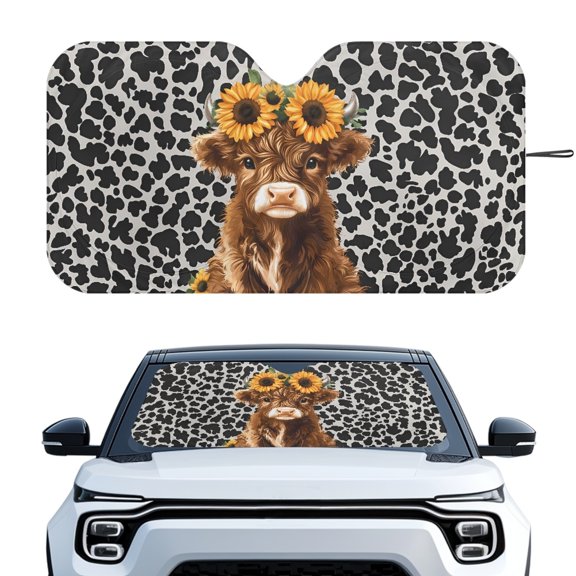 XYZCANDO Car Front Window Sun Shade with Cow Print Highland Cow and Sunflower Design, Universal Fit Block for Vehicle Heat Blocking and Interior Protection