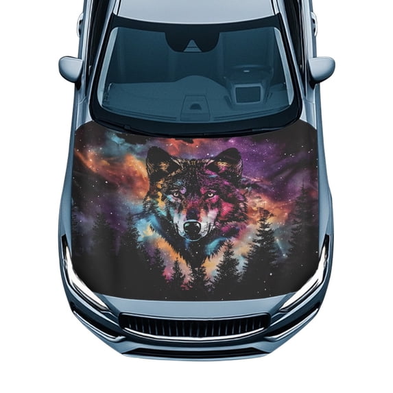 XYZCANDO Car Hood Cover Cosmic Wolf UV Resistant Stretch Fabric, One Second Installation Windproof Car Hood Cover Protector for Van Trucks Sedans