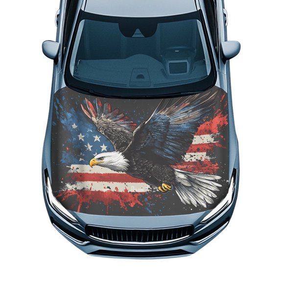 XYZCANDO Car Hood Cover Eagle USA Flag Splatter Print Stretchable Stretch Fabric, Anti-Fade Easy to Remove Car Hood Cover Protection for Trucks SUV Pickup