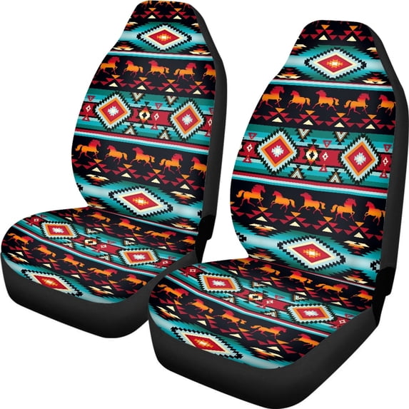 XYZCANDO Car Seat Covers Anti-Scratch Front Seat Cover Front Seat Covers for Cars Thin Easy Clean Auto Van, Southwestern Style Running Horse Geometric Pattern