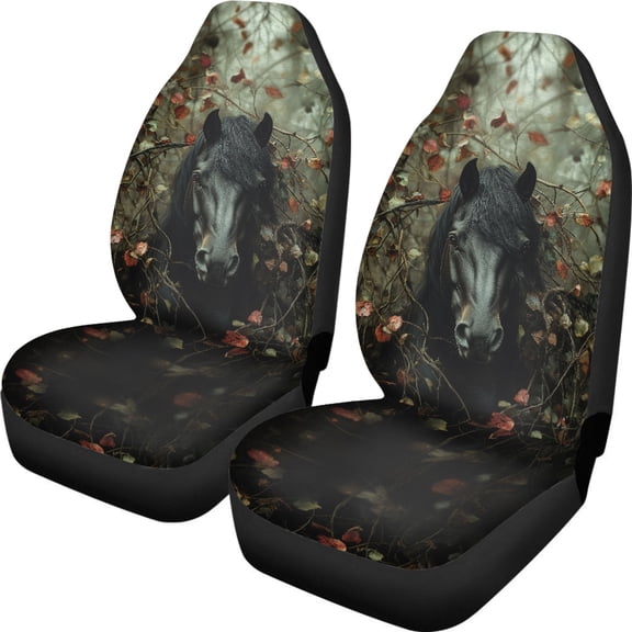 XYZCANDO Car Seat Covers Black Horse Forest Print 2 Pack Car Front Seat Covers Waterproof Truck SUV Van Comfortable Decorative Vehicle Seat Covers