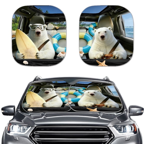 XYZCANDO Car Sun Shade Featuring Funny Surfing Polar Bear, Foldable Windshield Cover for Uv and Heat Protection, Suitable for Women and Men Daily Use