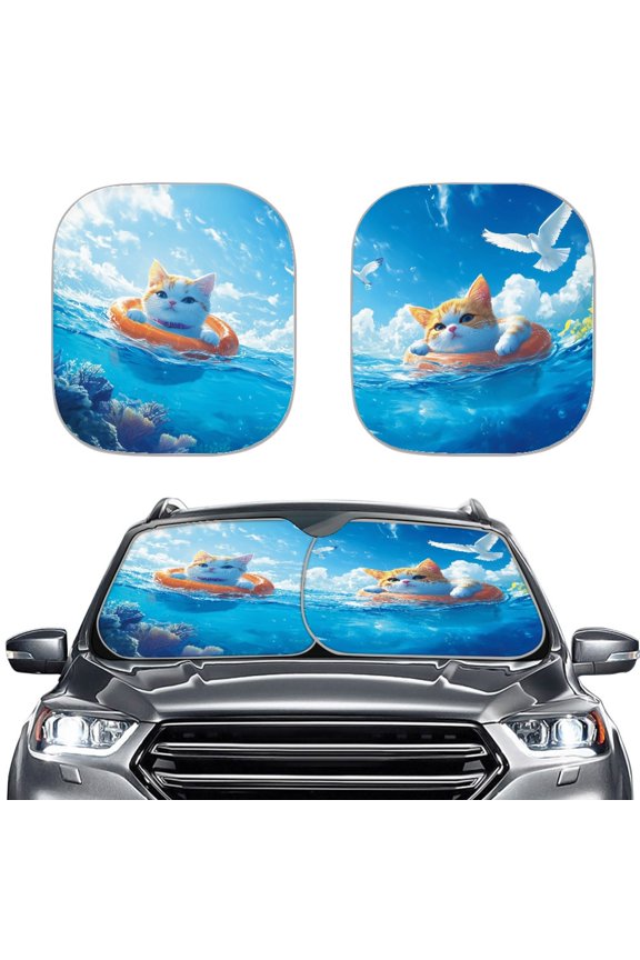 Car Sun Shade with Cute Cat Ocean Pattern, Shade for SUV and Truck to Block Summer Heat and Protect Vehicle Interior