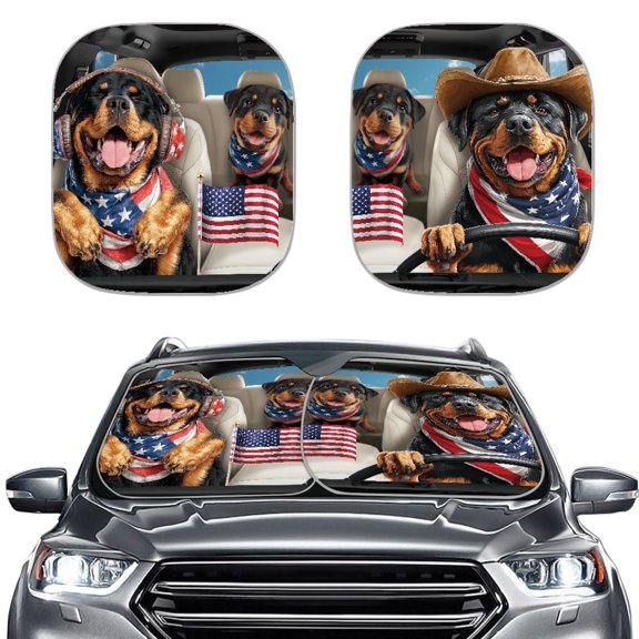 XYZCANDO Car Sun Shade with Patriotic Rottweiler Driving Design, Suv Accessory for 4th of July Blocking Sun Heat and Protecting Vehicle Interior