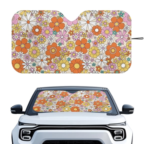 XYZCANDO Car Sun Shade with Retro Colorful Floral Design, Foldable Heat Reflector for Keeping Vehicle Cool for Daily Commute and Road Trips