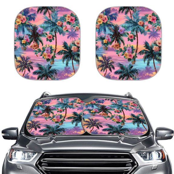 XYZCANDO Car Sun Shade with Tropical Palm and Hibiscus Pattern, Foldable Auto Sun Shade for Uv Block and Keeping Vehicle Cool for Daily Driving