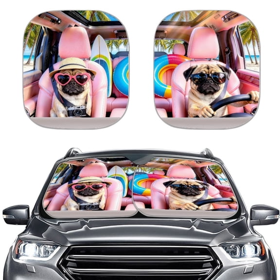 XYZCANDO Car Window Shade with Funny Pug Dogs Design, Car Sunshade for Auto Summer Road Trips and Heat Blocking Protection